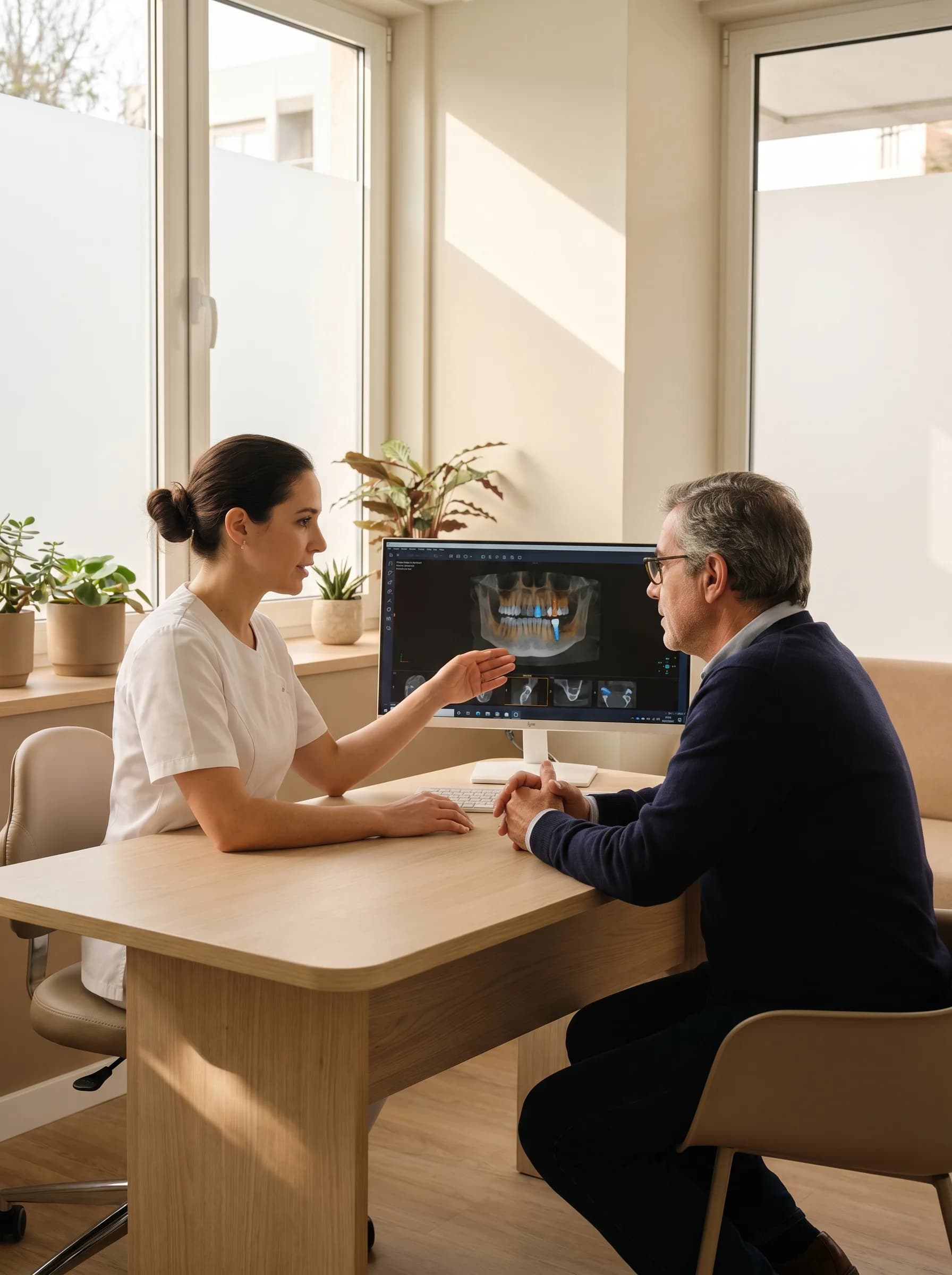 Médica dentista mostra o planeamento 3D dos implantes a um paciente, em consulta