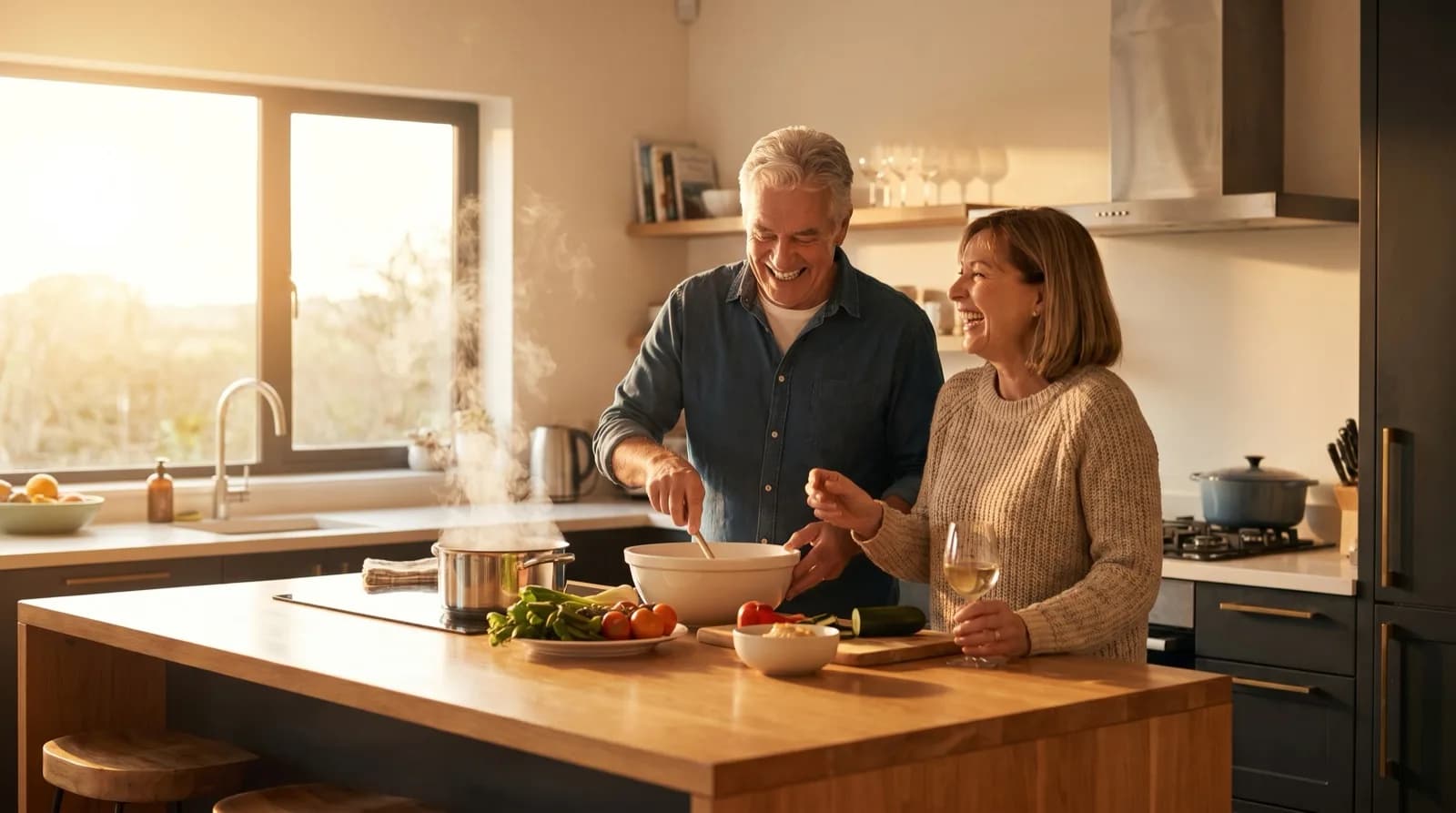 Casal sorridente cozinha em casa sem preocupações