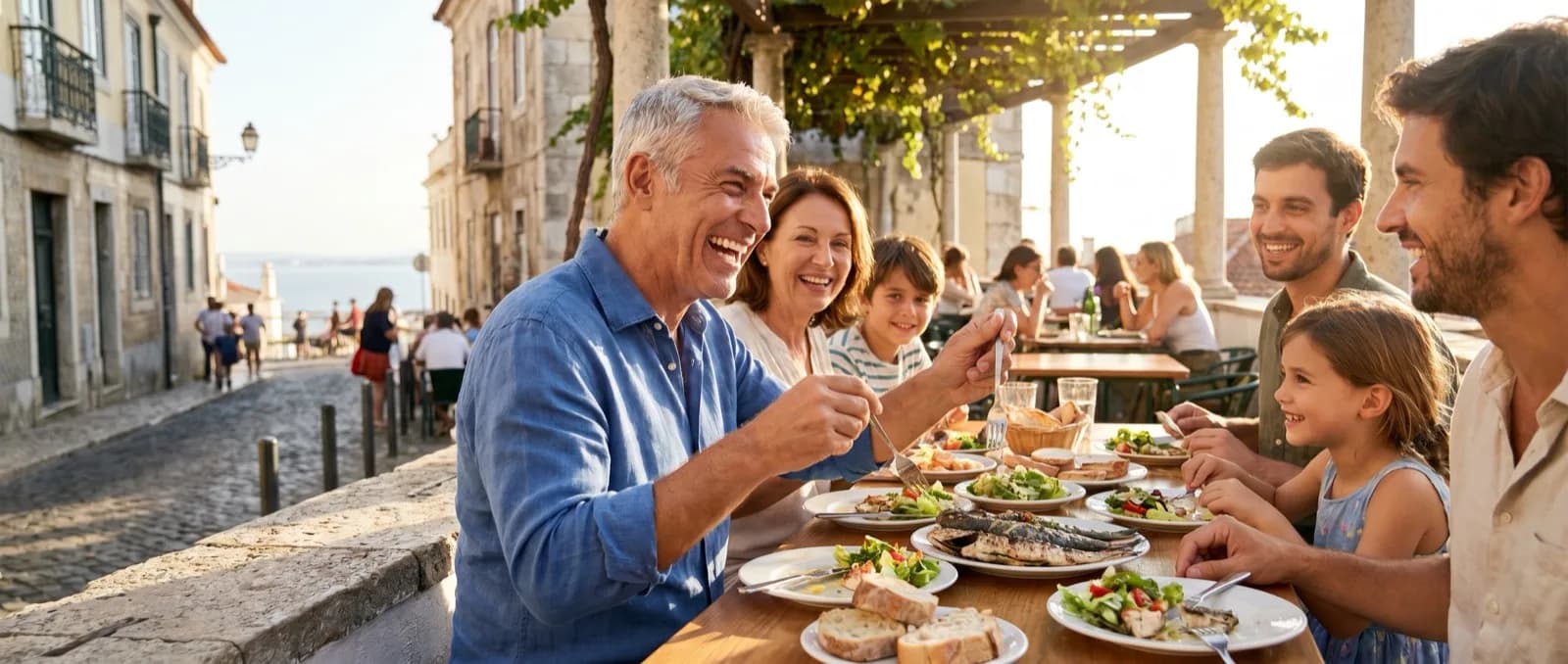 Homem sorridente almoça com a família numa esplanada de Lisboa